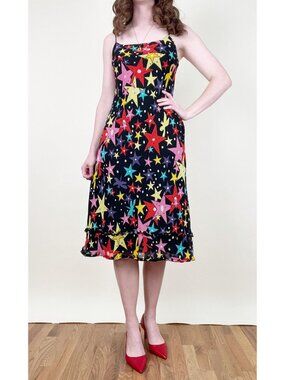 Vintage 90s Y2K Star Print Slip Dress Midi Cocktail Party Funky Whimsical Disco